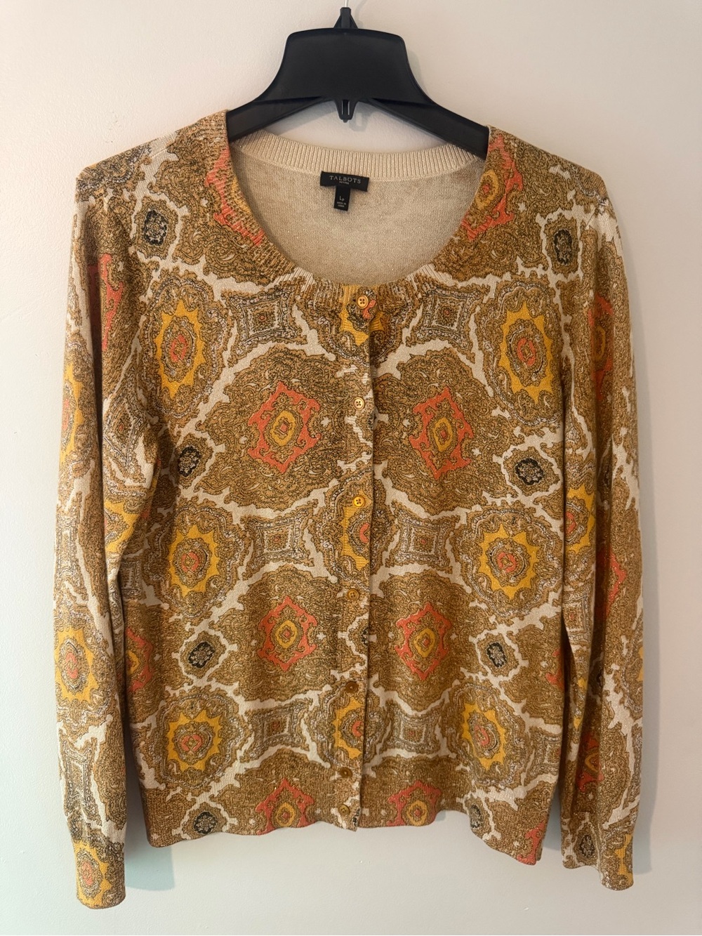 Talbots Cream Gold Shimmery Paisley Lightweight Sweater Cardigan petite large